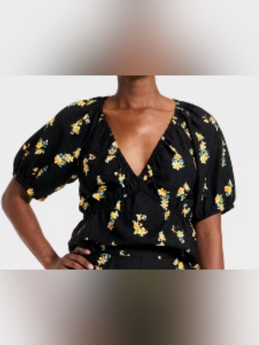 NWT a new day Black V-Neck Floral Puff-Sleeve Top Size Medium